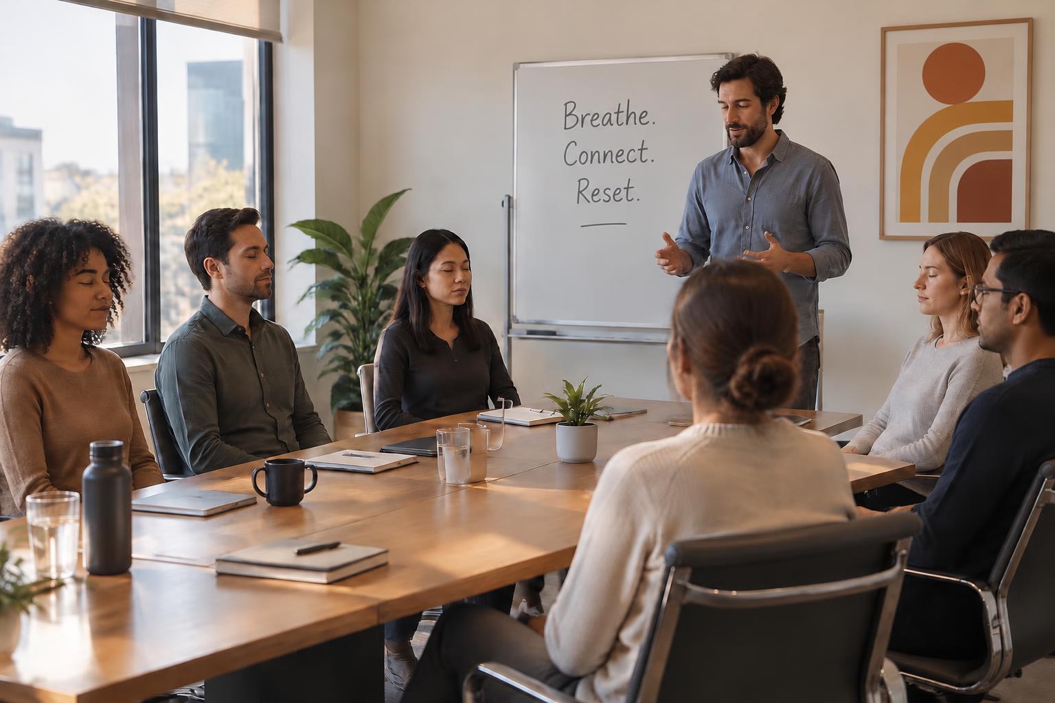 A facilitator leading a small group breathing exercise in a bright conference room