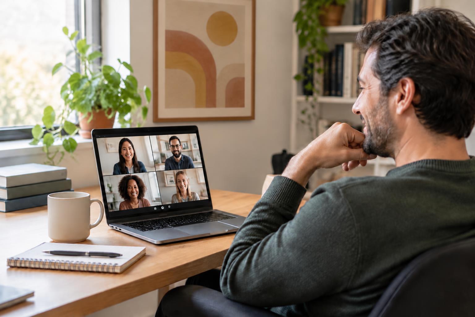 A professional joining a virtual breathwork workshop from her desk